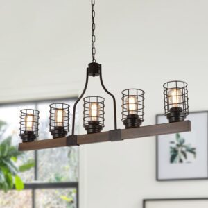 Farmhouse Cage Rustic Chandelier Kitchen Island 5 Lights, 42" L Large Linear Industrial Pool Table Pendant Lighting Vintage Edison Ceiling Light Fixture, Brown & Black(C0073)