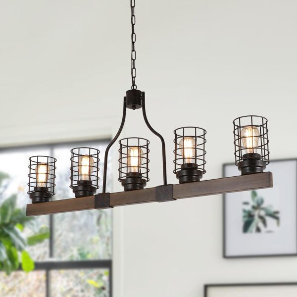 Farmhouse Cage Rustic Chandelier Kitchen Island 5 Lights, 42" L Large Linear Industrial Pool Table Pendant Lighting Vintage Edison Ceiling Light Fixture, Brown & Black(C0073)