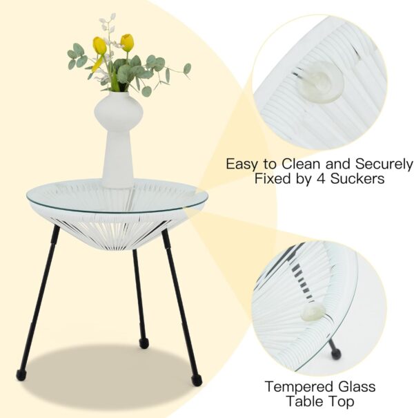 ECOTOUGE 3 Pieces Acapulco Chair Set, Wicker Bistro Set with Pillow, Outdoor Rattan Furniture Set with Glass Top Table for Porch, Balcony, Garden and Poolside, White - Image 5