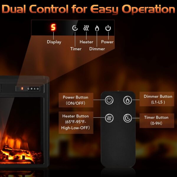 COSTWAY 18-Inch Electric Fireplace Inserts, 1500W Freestanding Recessed Fireplace Heater with Remote Control, Adjustable Flame Effect and Temperature, 9H Timer, Electric Fireplaces for Home Indoor Use - Image 5