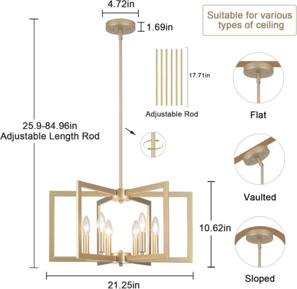 Gold Chandelier, 6-Light Farmhouse Chandeliers for Dining Room, Modern Geometric Hanging Light Fixture Over Table Living Room Foyer Entryway Hallway Kitchen Island Lighting Fixtures,E12 - Image 2