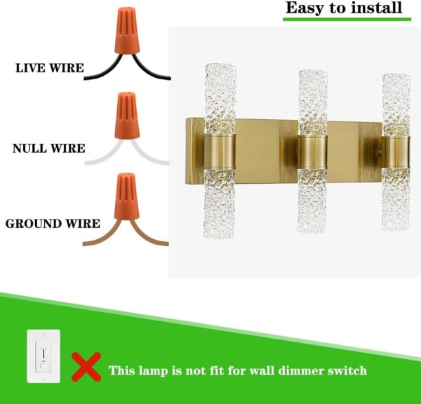 Gold Bathroom Light Fixture, Modern Gold Vanity Light for Bathroom, Crystal 6 Light Bathroom Light Fixtures Over Mirror, 27w LED Bathroom Wall Sconce 3000K Warm White - Image 6