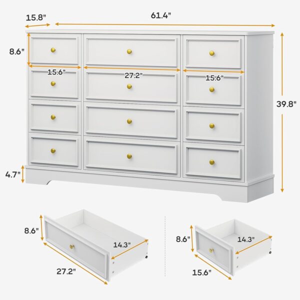 Hasuit Large Dresser with 12 Drawers for Bedroom, 61.4'' Long Modern Chest of Drawers, White Wide Dressers Clothes Closet, Wooden Bedroom Funiture Storage Organizer - Image 2