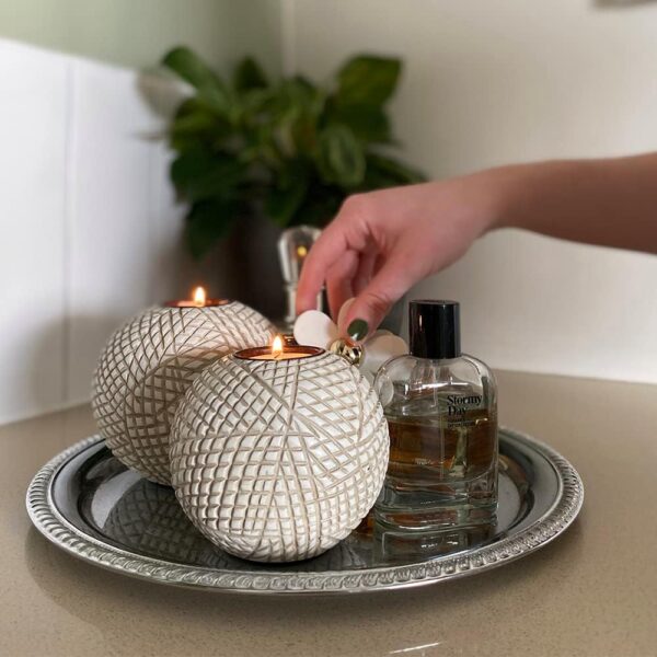 Luca Orb Candle Holders (Gift Boxed Set of 2), Table Centerpieces for Dining or Living Room, Spa, Bathroom, Kitchen Counter, Mantle or Coffee Table Decor (Grid Pattern, Beige and White) - Image 2