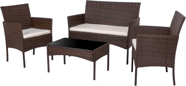 Shintenchi 4 Piece Outdoor Patio Furniture Sets, Small Wicker Patio Conversation Furniture Rattan Chair Set with Tempered Glass Coffee Table for Backyard Porch Garden Poolside Balcony - Image 6