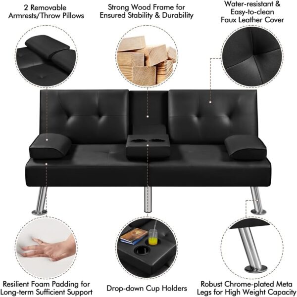 Yaheetech Convertible Sofa Bed Adjustable Couch Sleeper Modern Faux Leather Recliner Reversible Loveseat Folding Daybed Guest Bed, Removable Armrests, Cup Holders, 3 Angles, 772lb Capacity, Black - Image 6
