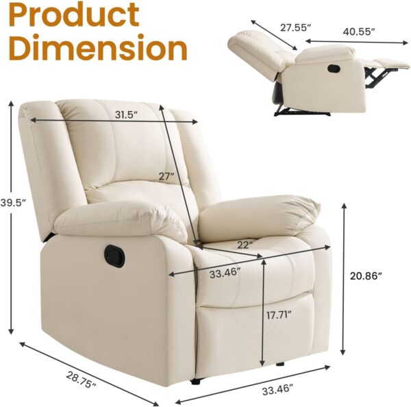 COHOME Manual Recliner Chair for Adults, Waterproof Leather Reclining Chairs for Small Spaces, Living Room Single Sofa Recliner with Overstuffed Arm and Back,Beige - Image 2