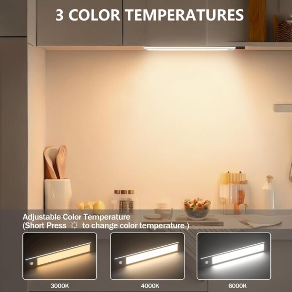 Under Cabinet Lighting, 54 LED 12in Long Rechargeable Under Cabinet Lights, Dimmable Wireless Motion Sensor Lights with 3 Color Temperature for Kitchen/Bedroom/Corridor/Stairs (2 PCS) - Image 3