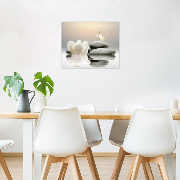 EOBTAIN Zen Stone Canvas Wall Art White Flower and Yellow Butterfly on Lake Wall Art for Bathroom Living Room Bedroom Modern Spiritual Yoga Spa Picture Wall Decor Framed Bedroom Wall Art,16x12 Inches - Image 4