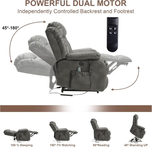 Dual Motor Large Power Lift Recliner Chair for Elderly with Heat and Massage,Lay Flat Lift Chairs Recliners for Seniors Infinite Position,USB Ports&Remote Controls,Genuine Leather (Silver Grey) - Image 3