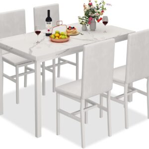 MIERE Dining Table Set for 4, 5-Piece Marble DiningTableSet with 4 Faux Leather Metal Frame Chairs for Kitchen, Bar, Living Room, Breakfast Nook, Small Space, 03 Pure White