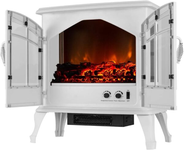 Jasper Freestanding Electric Fireplace Stove Heater - Realistic 3-D Log and Fire Effect (White) - Image 6