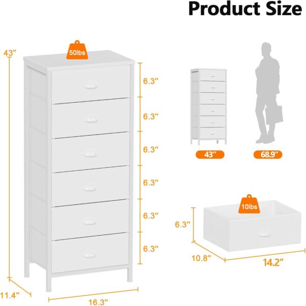 Furnulem White Tall Dresser for Bedroom,Vertical Storage Tower Unit and End Table with 6 Drawers, Nightstand Furniture with Fabric Drawer Organizer in Living Room,Closet,Entryway,Hallyway - Image 3