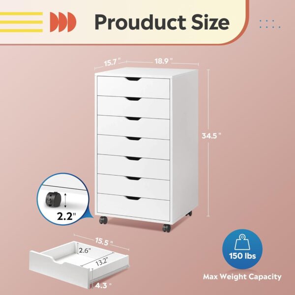 DEVAISE 7-Drawer Chest, Wood Storage Dresser File Cabinet with Wheels, White - Image 3