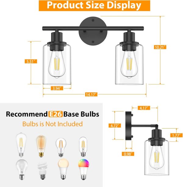 Licperron 2-Light Bathroom Vanity Light Fixtures, Modern Black Bathroom Vanity Lights Over Mirror with Clear Glass Shade, Industrial Wall Mounted Sconces Lighting for Bedroom Hallway - Image 3