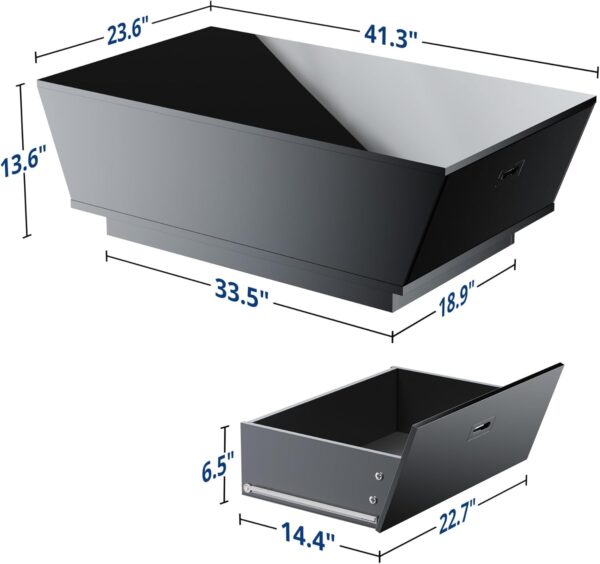 Cozy Castle 41" Black Modern Coffee Table with 12-Color LED Lights,High Gloss Contemporary Center Table with 2 Storage Drawers for Living Room,Dining Room,Office - Image 2
