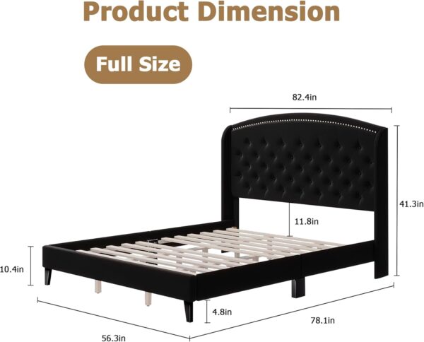 Homhougo Full Size Bed Frame, Upholstered Platform Bed with Wingback Headboard and Button Tufted Design, Wood Slat Support, Easy Assembly, No Box Spring Needed, Black - Image 2