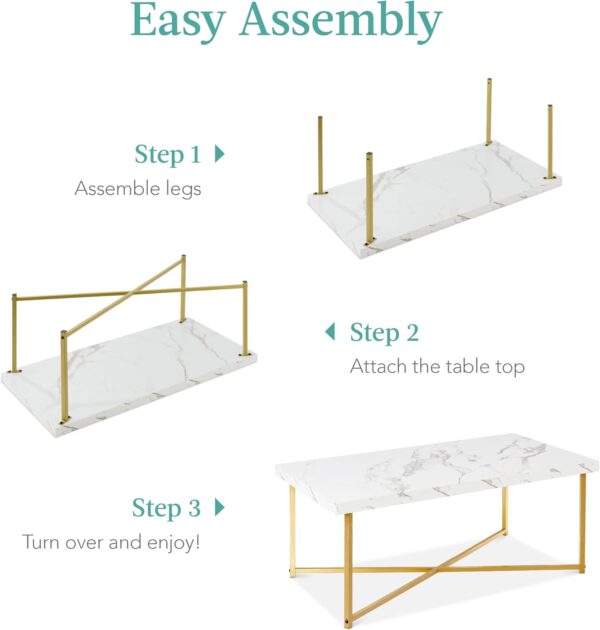Best Choice Products 44in Rectangular Marble Coffee Table, X-Base Accent Table for Living Room, Dining Room, Home Décor w/Faux Marble Top - White/Bronze Gold - Image 7