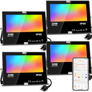 LED Flood Light Outdoor, 300W Equivalent 3000LM Smart RGB Landscape Lighting with APP Control, DIY Scenes - Timing - 5700K Daylight White -Color Changing Uplight, IP66 Waterproof US Plug MELPO(4 Pack)