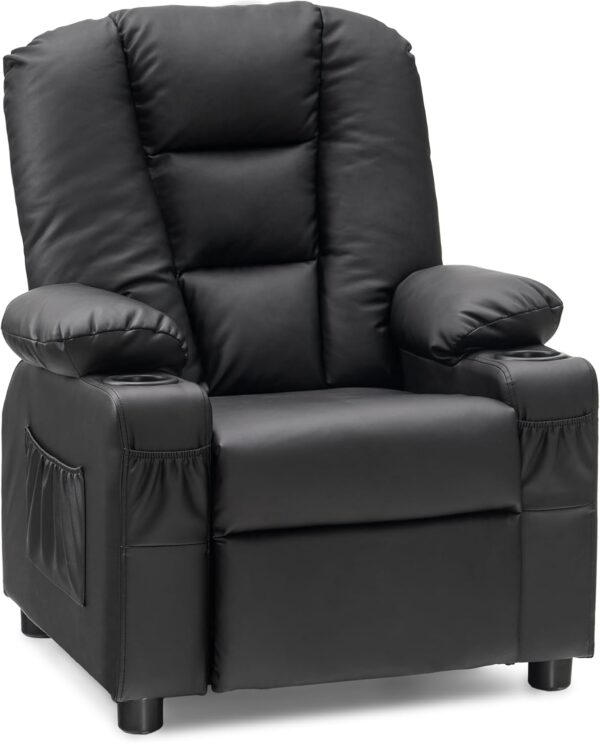 MCombo Big Kids Recliner for Ages 3+, Child Recliner Chair, Toddlers Recliner Sofa with Cup Holders, Faux Leather, 7322(Black)