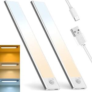 90LED Motion Sensor Under Cabinet Light,Closet Lights 3 Color Temperature&Stepless Dimming,Wireless Rechargeable 2200mAh Battery,Magnetic Closet Lighting for Kitchen,Bedroom,Cupboard,Stairs,2 Pack