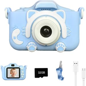 Meydedaa Kids Camera Toy Digital Camera for Kids Birthday Gift for Girls Aged 3-12, Kids Camera for Toddlers with 1080P HD Video Camera, Cat Kids Camera for Girls Aged 3 4 5 6 7 8 9 with 32GB SD Card