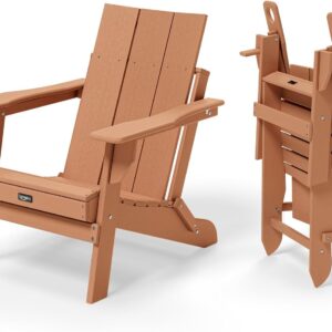 VINGLI Oversized Plastic Folding Adirondack Chairs Set of 4 with Cup Holder, Waterproof HDPE Outdoor Fire Pit Chairs for Patio, Pool, Bonfire, Capacity 400LBS, Teak