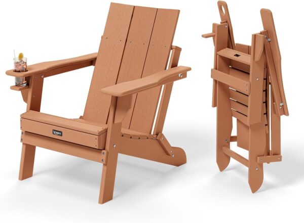 VINGLI Oversized Plastic Folding Adirondack Chairs Set of 4 with Cup Holder, Waterproof HDPE Outdoor Fire Pit Chairs for Patio, Pool, Bonfire, Capacity 400LBS, Teak