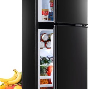 KRIB BLING Mini Fridge With Freezer,Compact Refrigerator With 2 Doors,7- Level Adjustable Thermostat, Removable Glass Shelves For Bedroom, Office, Kitchen, Apartment, Dorm, 3.5 Cu. Ft Black