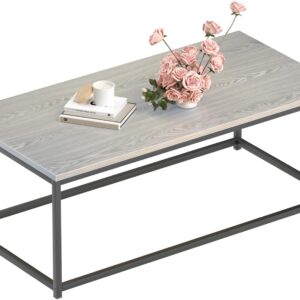 Modern Industrial Style Rectangular Coffee Table for Living Room, Bedroom - Rustic Accent Minimalistic Furniture with Wood Grain Top & Metal Frame - Center TV Table - Grey