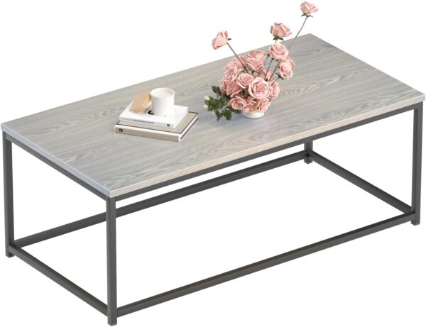 Modern Industrial Style Rectangular Coffee Table for Living Room, Bedroom - Rustic Accent Minimalistic Furniture with Wood Grain Top & Metal Frame - Center TV Table - Grey