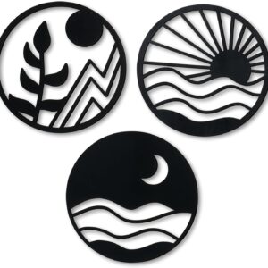 Zzbakress 3 PCS Boho Wall Art Decoration Vintage Boho Wooden Aesthetic Hollow-out Hanging Boho Farmhouse Wooden Decor for Bedroom Living Room Office (style 1, Black)