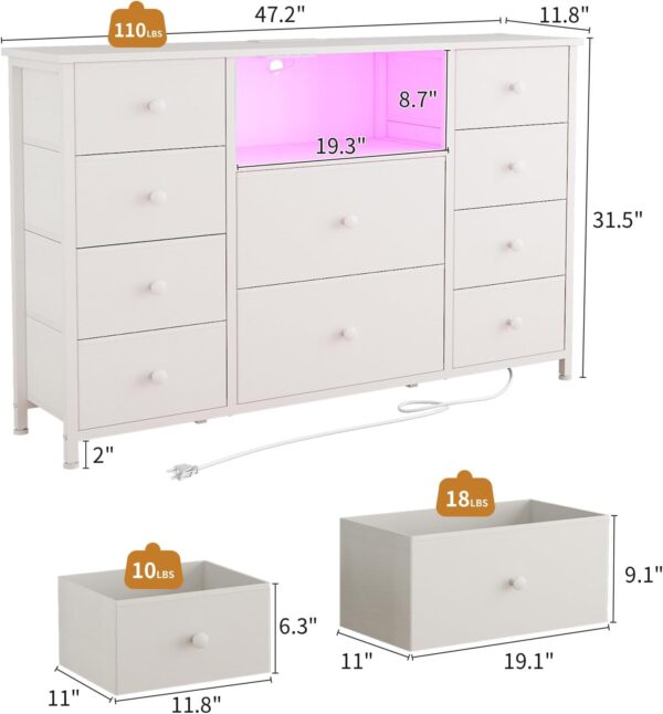 LDTTCUK Dresser with Charging Station and LED Lights, Long Dresser for Bedroom Dresser TV Stand with 10 Drawers, Fabric Chest of Drawers with PU Finish, Wide Dresser Storage Organizer, White - Image 3