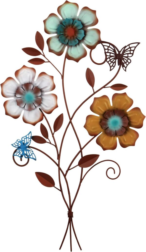 Moxweyeni Tricolor Flower Wall Decor Vintage Metal Wall Art Decor Rustic Hanging Wall Flowers Decorative Metal Floral Art for Home Living Room Bathroom Indoor Outdoor Decors, 15 x 9.1 Inch (1 Piece)