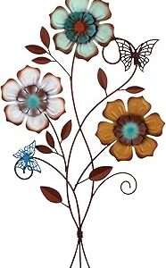 Moxweyeni Tricolor Flower Wall Decor Vintage Metal Wall Art Decor Rustic Hanging Wall Flowers Decorative Metal Floral Art for Home Living Room Bathroom Indoor Outdoor Decors, 15 x 9.1 Inch (1 Piece)