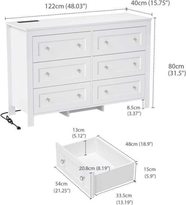 HAIOOU 6 Drawer Double Dresser, White Modern Chest of Drawers with Deep Drawers, Charging Station and Crystal/Black Handles, Wooden Drawer Storage Organizer Cabinet for Bedroom, Living Room - Image 2