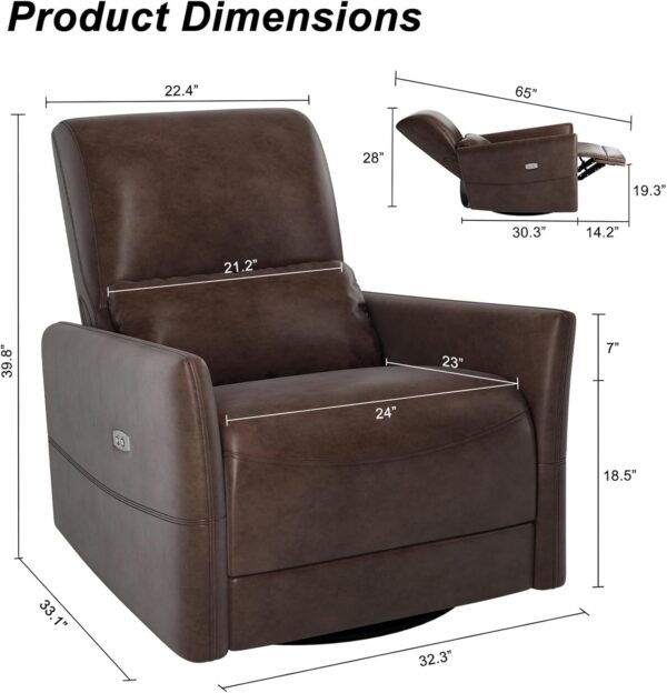 Power Rocker Recliner Chair Electric Reclining Swivel Chair for Adults,Upholstered Faux Leather Reclining Sofa Chair for Living Room, Brown - Image 3
