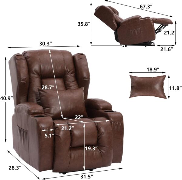 BINGTOO Power Lift Recliner Chair with Massage and Heat for Elderly, Leather Electric Recliner Heated Vibration Massage Sofa Living Room Chair with Cupholder, USB Port, Remote Control, Side Pockets - Image 2