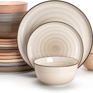 Sweese Plates and Bowls Sets, 18 Piece Dinnerware Set Porcelain Round Dinner Set for 6, Scratch Resistant Dishes Set, Dishwasher and Oven Microwave Safe Handpainted Swirl Dishware Sets, Neutral