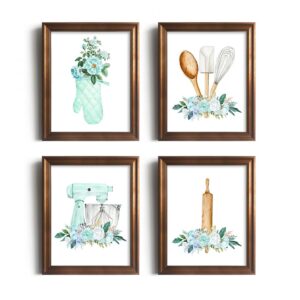 Gift for Cooks and Chefs - Retro Modern Turquise Cyan Flower Kitchen Signs - Kitchen Dining Wall Art Decor - Green Teal Kitchen Poster Prints - Spoon Mixer Glove Picture for Holiday Restaurant Décor