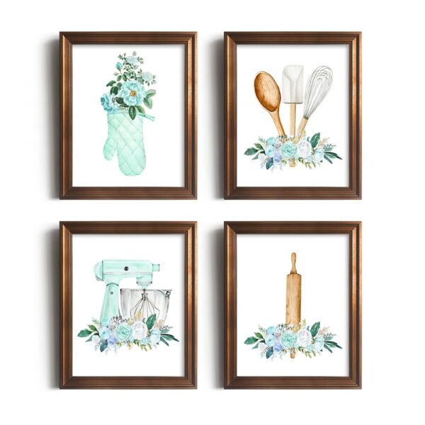 Gift for Cooks and Chefs - Retro Modern Turquise Cyan Flower Kitchen Signs - Kitchen Dining Wall Art Decor - Green Teal Kitchen Poster Prints - Spoon Mixer Glove Picture for Holiday Restaurant Décor