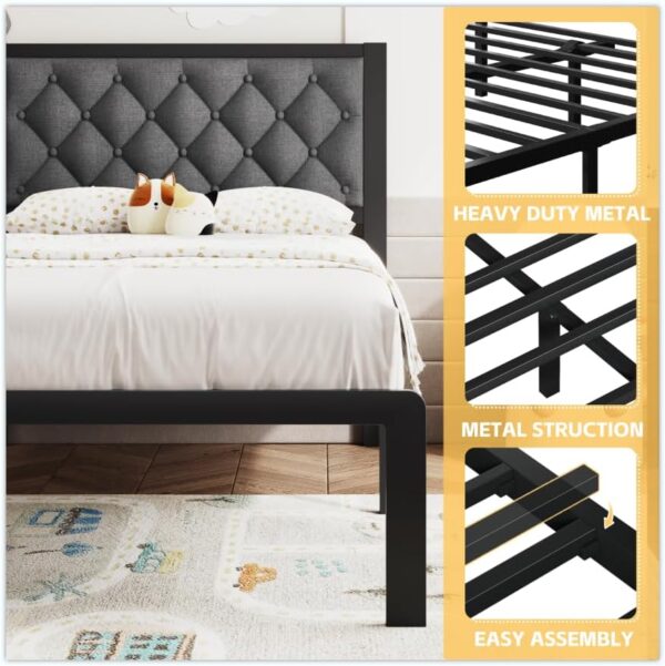 Foredawn Twin Bed Frame with Linen Upholstered Headboard, Metal Support, No Box Spring Needed, Noise Free, Under Bed Storage, Easy Assembly, Grey - Image 5