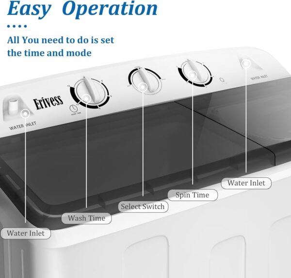 Compact Mini Twin Tub 32 lbs Washing Machine with Drying Rack& 10 Hangers, 20 lbs Washer Mini Compact Laundry Machine and 12 lbs Spinner, Convenient and Efficient for Dorms, Apartment - Image 5