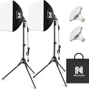 Softbox Lighting Kit, NiceVeedi 2-Pack 16'' x 16'' Softbox Photography Lighting Kit with 63” Tripod Stand & 5400K 450W Equivalent LED Bulb, Continuous Lighting for Photography/Video Record