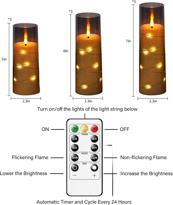 Flameless LED Candles with Timer 9 Pc Flickering Flameless Candles for Romantic Ambiance and Home Decoration Stable Acrylic Shell,with Embedded Star String，Battery Operated Candles（Grey） - Image 5