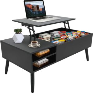 MGHH Wood Lift Top Coffee Table with Hidden Compartment & Adjustable Storage Shelf, Side Tables Lift Tabletop Dining Table for Home Living Room, Office, Reception Room, Black