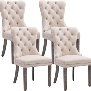 Velvet Dining Chairs Set of 4, Tufted Dining Room Chairs with Nailhead Ring Pull Trim, Upholstered Dining Chairs with Solid Wood Legs for Kitchen Dining Room (Beige)
