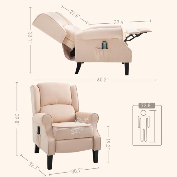 HOMCOM Vibration Massage Recliner Chair for Living Room with Heat, Wingback Single Sofa, Modern Suede Fabric Push Back Reclining Chair with Footrest, Side Pocket, Beige - Image 3