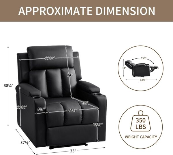 Furnimart Oversized Manual Recliner Chair, Faux Leather Chair with Chunky Overstuffed Cushion, Single Sofa Recliner for Adults for Home Theater Living Room Bedroom (PU Black) - Image 2