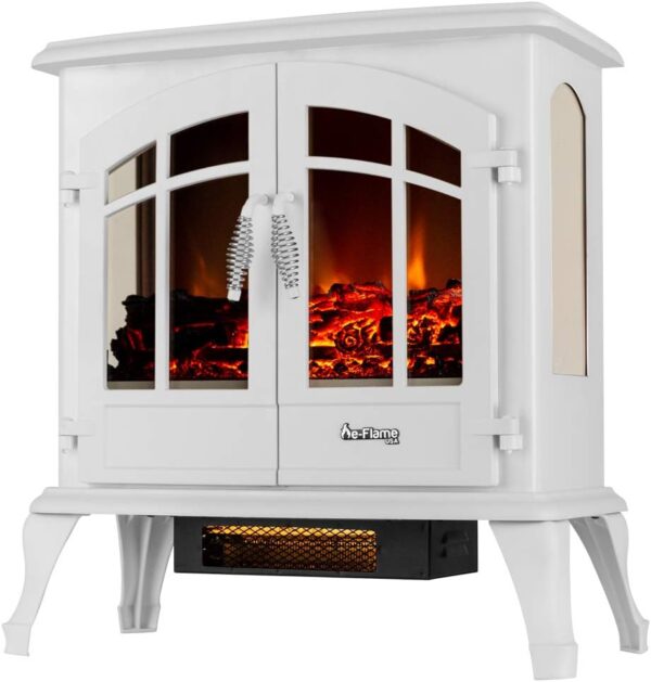 Jasper Freestanding Electric Fireplace Stove Heater - Realistic 3-D Log and Fire Effect (White) - Image 4
